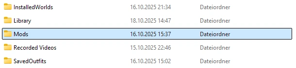 Neu angelegter Mods-Ordner