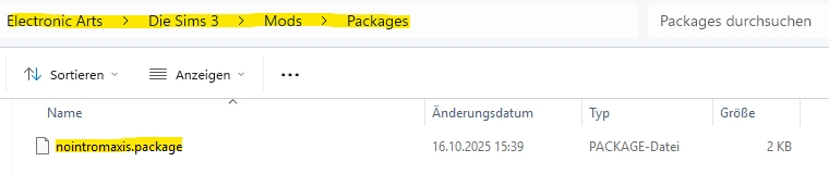 Sims 3 Mod-Ordner mit dem 1. installierten Mod